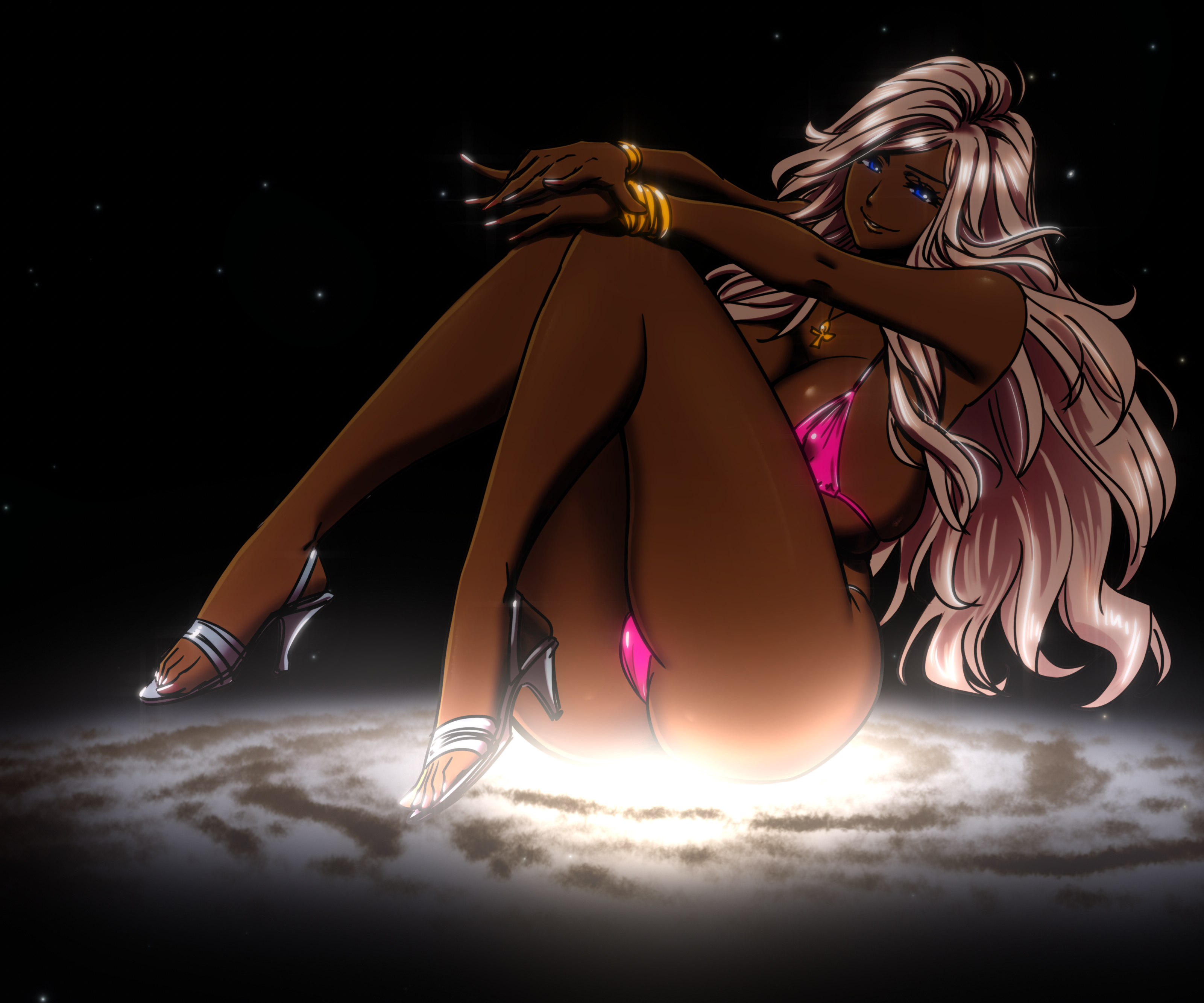 Chigami-tan, a colossal and voluptuous gal, sits atop the Andromeda Galaxy, smirking knowingly.  Her skin is a deep tan and her hair is a bleached pale pink.  She's wearing a skimpy and neon pink micro bikini with gold bracelets and silver open-toed high heel shoes.